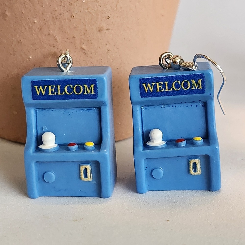 Blue Retro‎ Arcade Machine Miniature Drop Earrings Silver Tone Fishhook Novelty